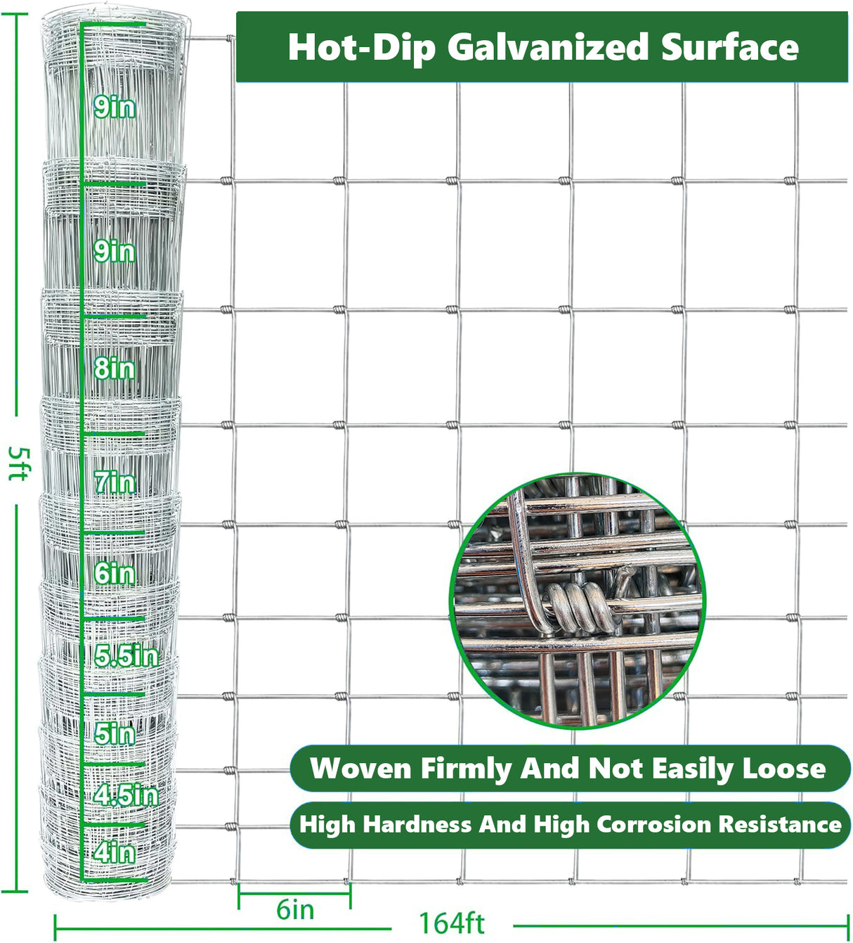 Farm Fence 5ft x 164ft 14 Gauge Heavy Zinc Coating Cattle Fence