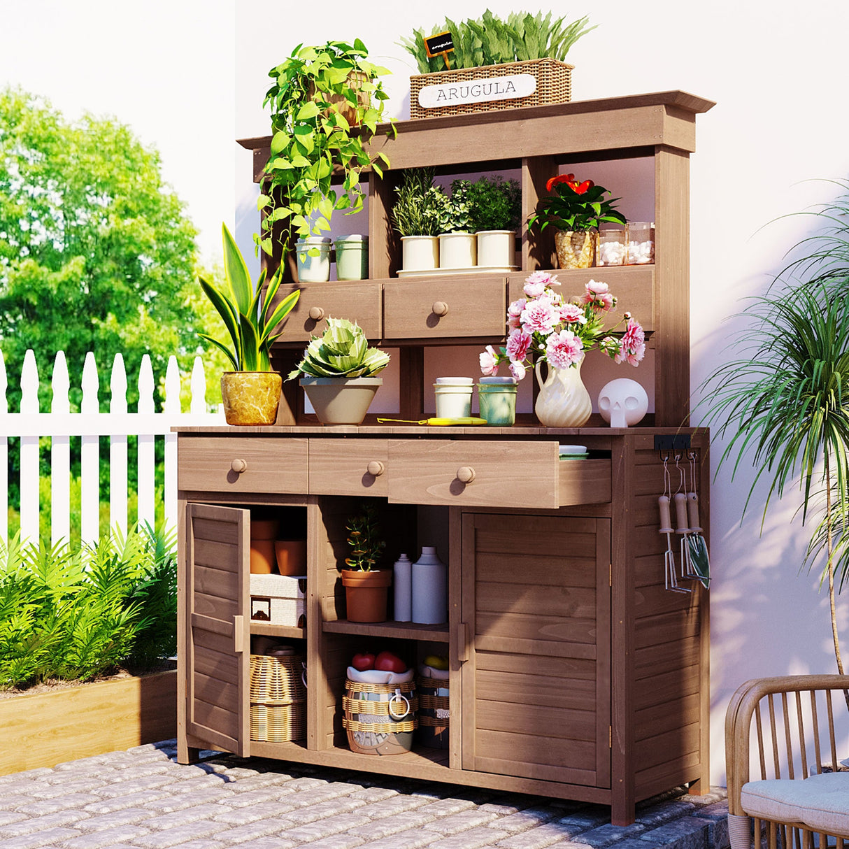 Topmax 65.7'' Tall Garden Potting Bench Table with Hutch