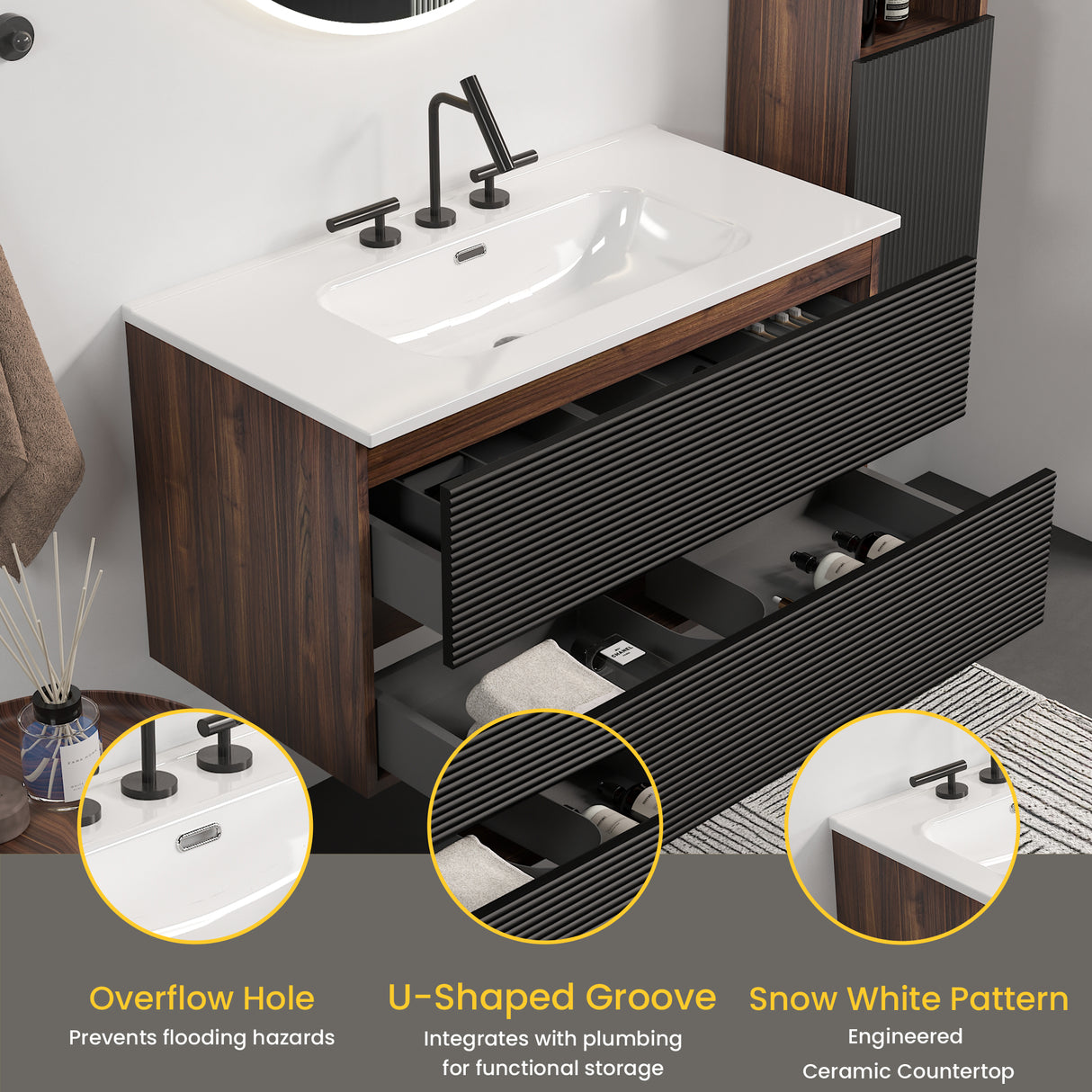 Gloria 36" Wall Mounted Soft Black Bathroom Vanity