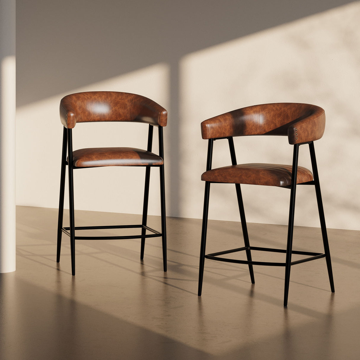 Counter Stools (Set of 2), Upholstered Counter Stools With Iron Frame, Backrest, Footrest, Arm Counter Stools For Home Bar, Kitchen Counter - Brown