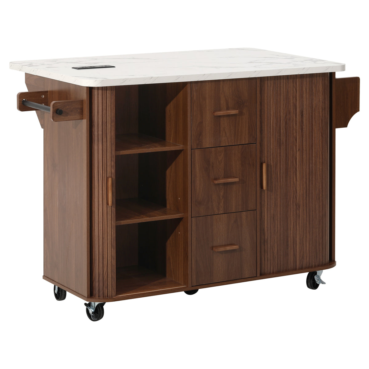 K&K 53.5" Kitchen Island with Sliding Doors, Drop Leaf, Power Outlet, Walnut Brown