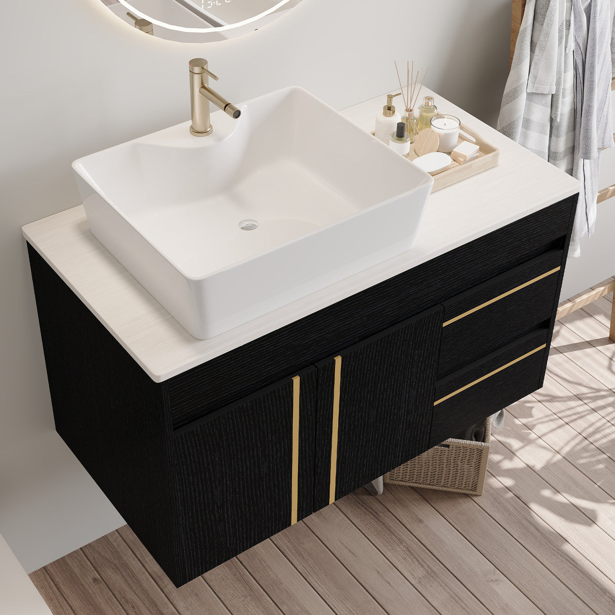36" Wall-Mounted Bathroom Vanity with Vessel Ceramic Sink & Plywood Countertop