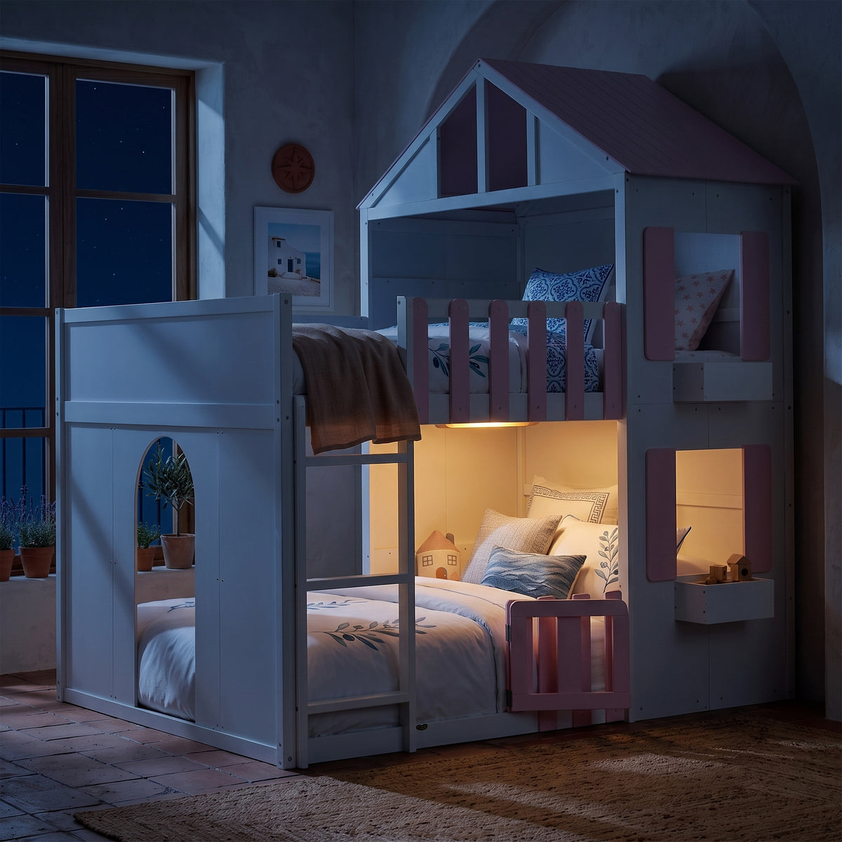 Full over Full House Bunk Bed with Storage - Pink