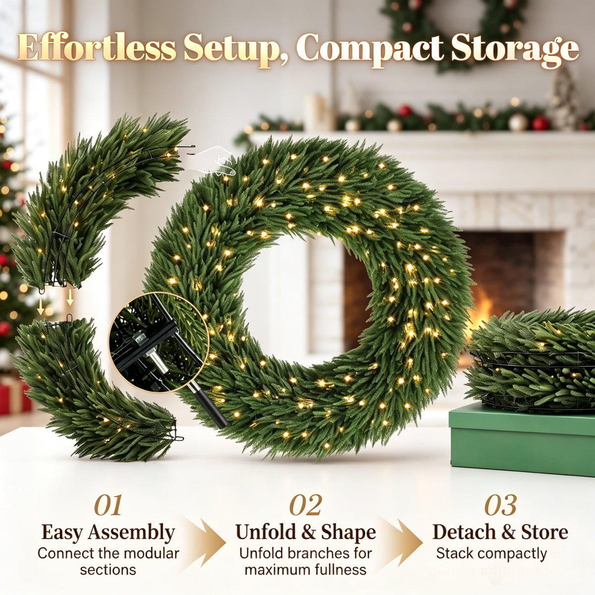 48 In Artificial Norfolk Pine Christmas Wreath, Pre-Lit
