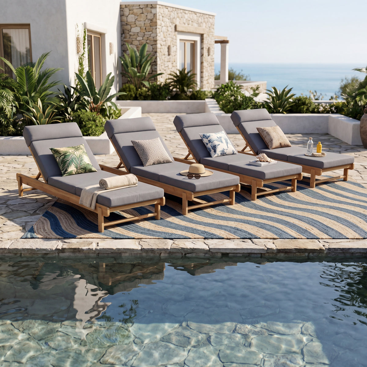 Light Teak Acacia Wood Chaise Lounge Set