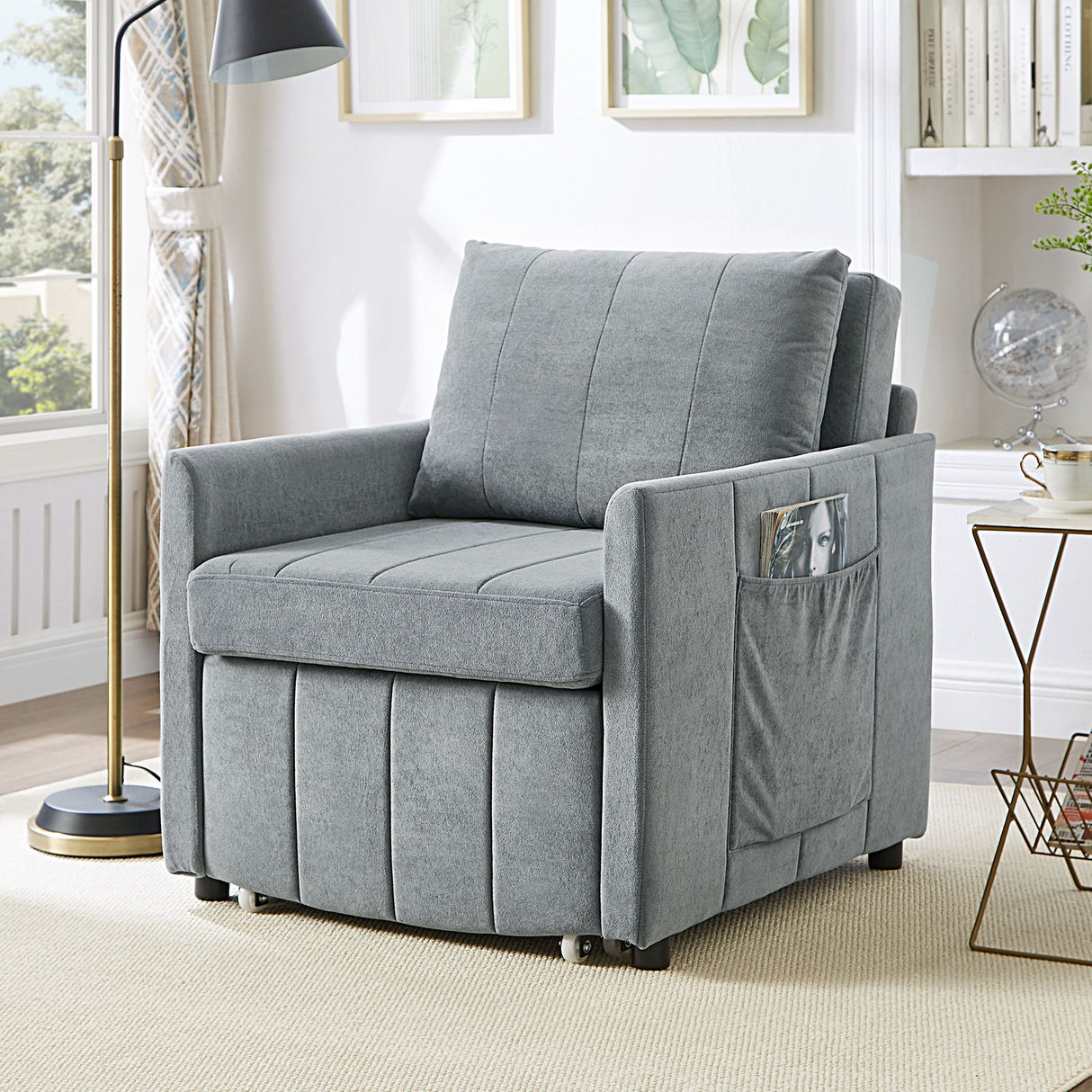 Upholstered Convertible Sleeper Sofa With 5 Position Backrest, Side Pockets, Storage
