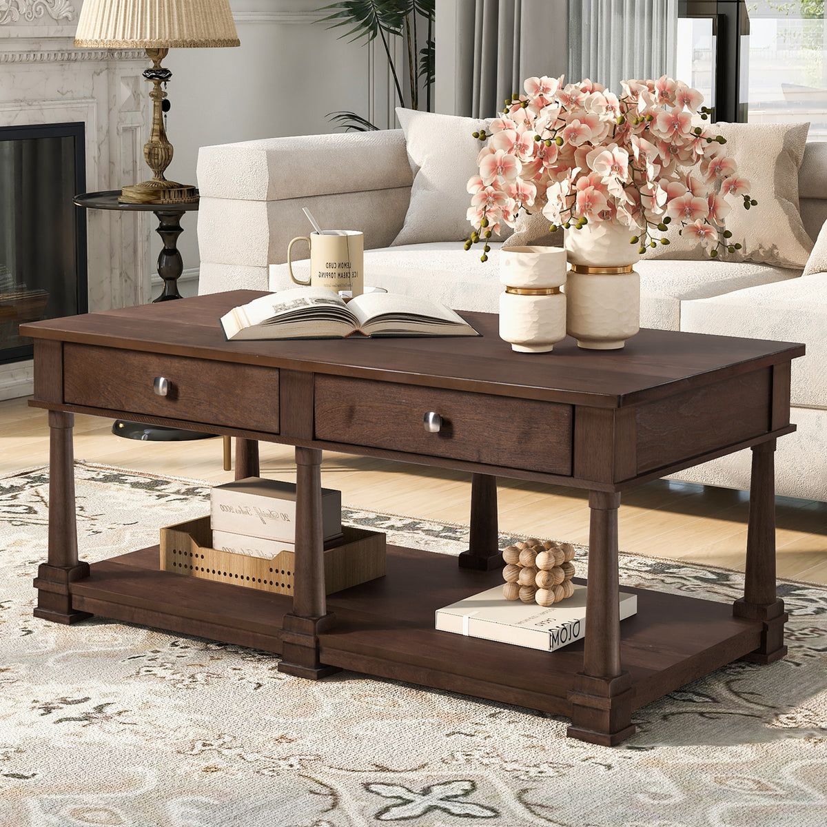 VIBE HAUS Farmhouse Wooden Coffee Table