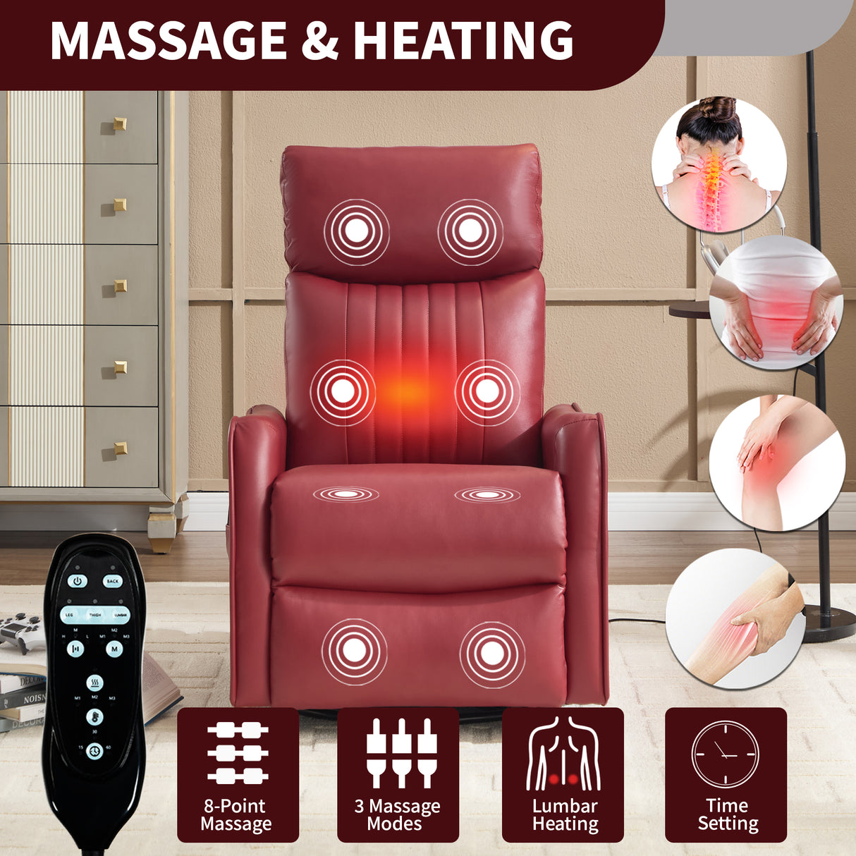 Red Faux Leather Heat Massage Manual Recliner Chair with Rocker and Swivel