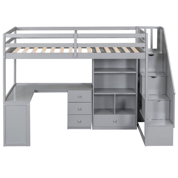 Loft Bed With L Shaped Desk, Drawers, Cabinet, And Storage Staircase