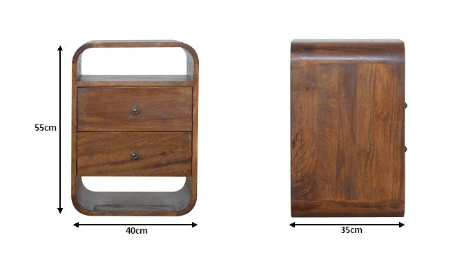 Solid Wood Chestnut Curve 2-Drawer Nightstand, 2 Open Slots
