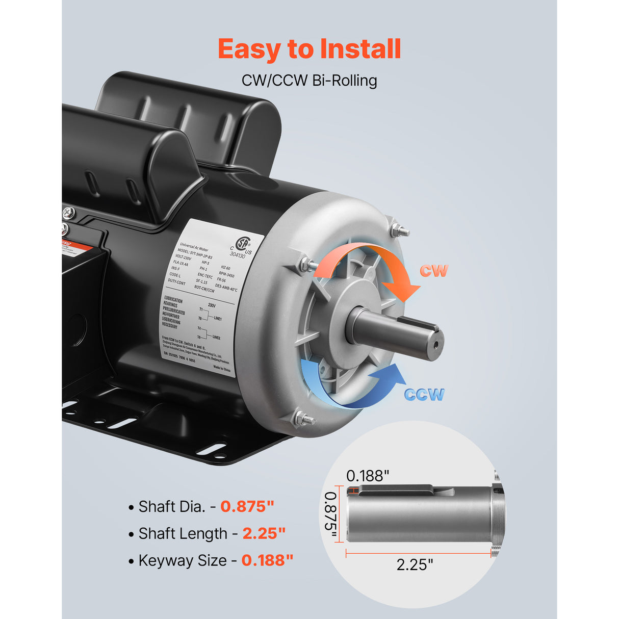 5 HP Electric Motor for Air Compressors, 3450 RPM, Single-Phase 230V