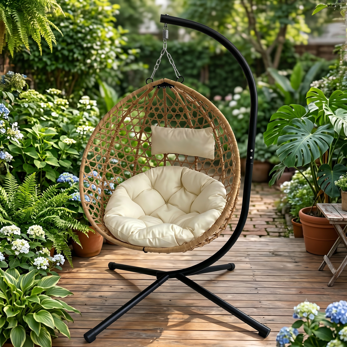 Foldable Hanging Egg Chair with Stand and Cushion