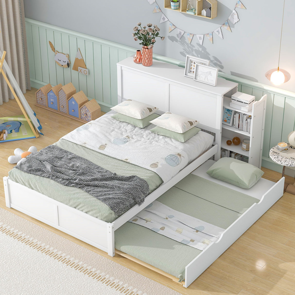 Storage Platform Bed With Pull Out Shelves And Trundle