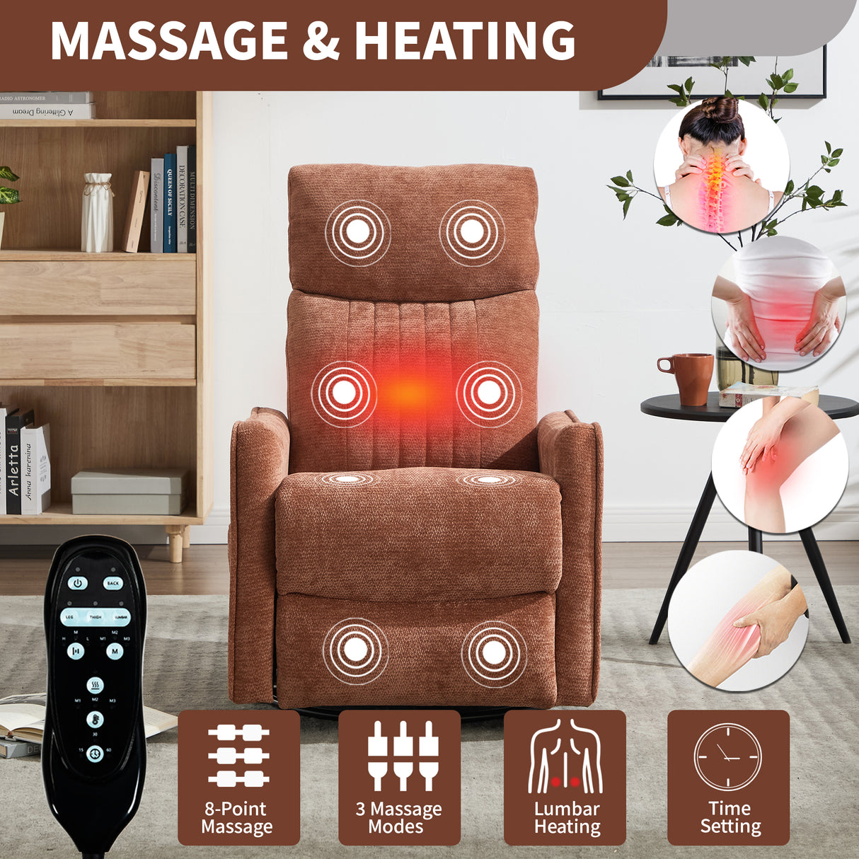 Orange Heat Massage Manual Recliner Chair with Rocker and Swivel