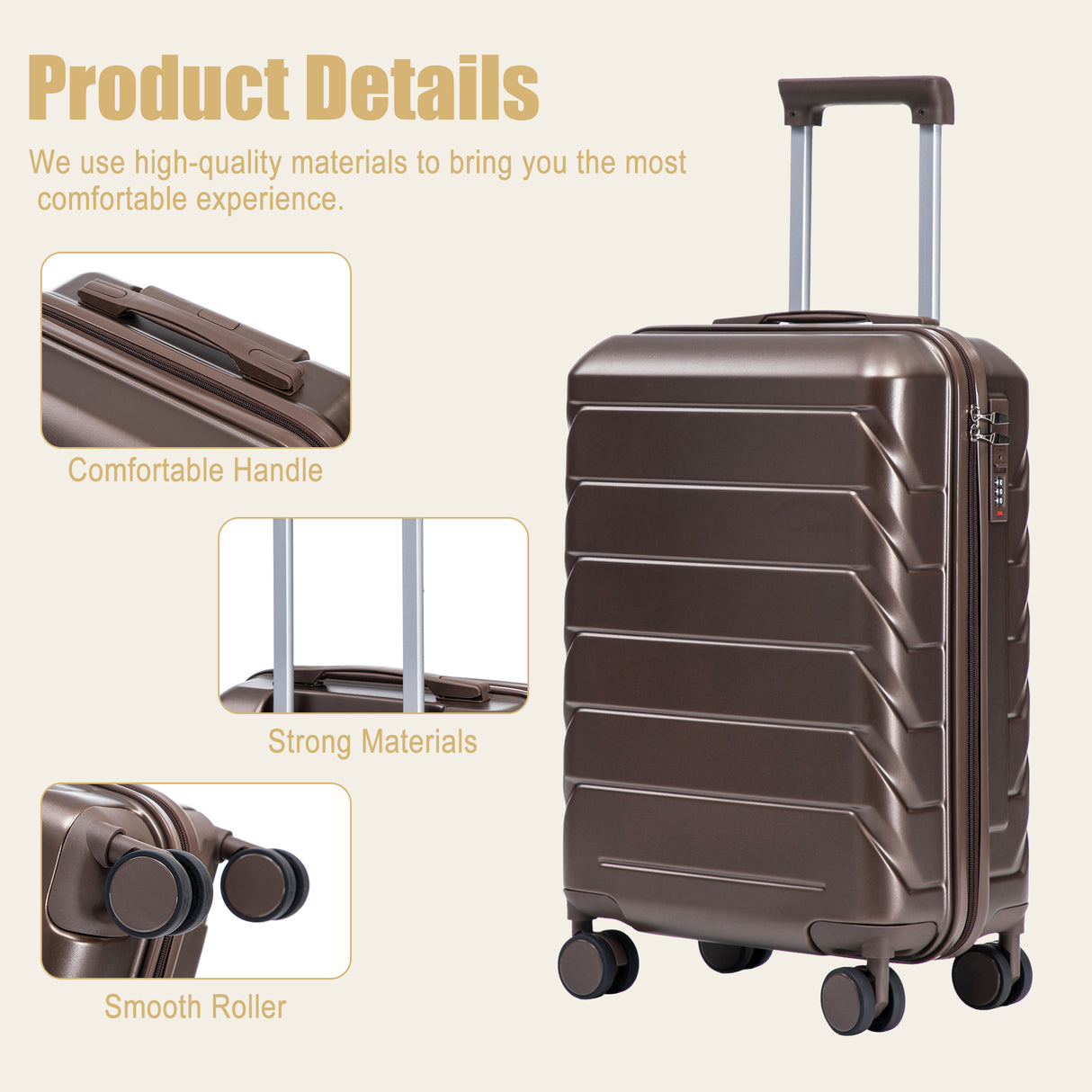 20 Inch ABS Hard Shell Travel Checked Luggage - Brown