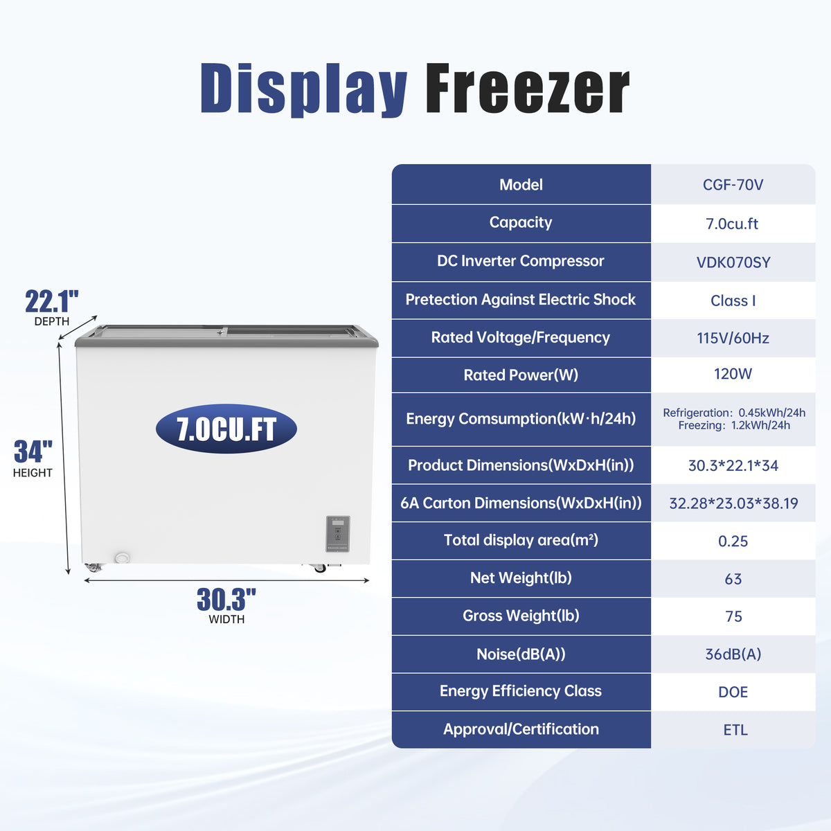 7.0 Cu.Ft Commercial Display Chest Freezer Inverter Energy Saving Ice