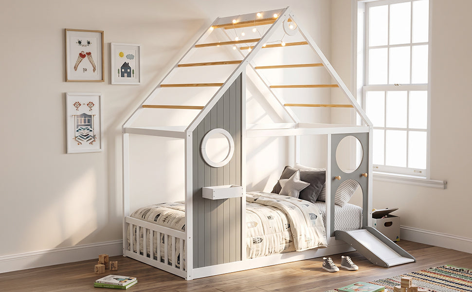 Twin House Bed with Slide, Ball Light Strip - Gray