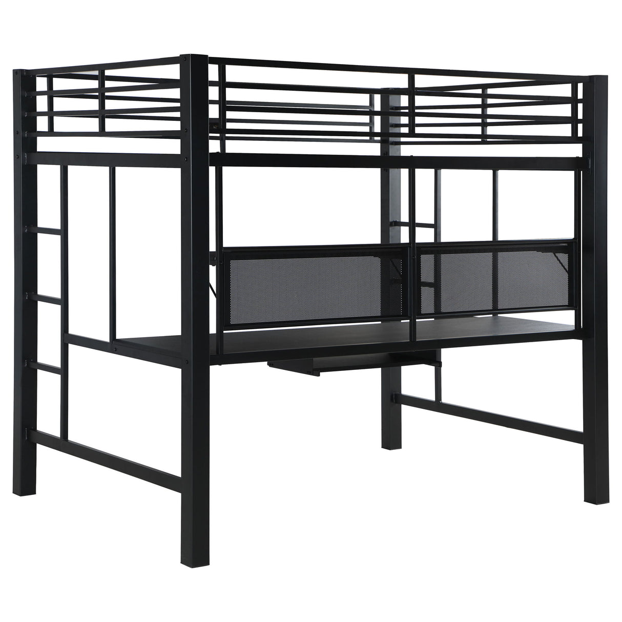 Ranier - Full Workstation Loft Bed, Full Length Desk, Safety Rails And Storage Shelves - Black