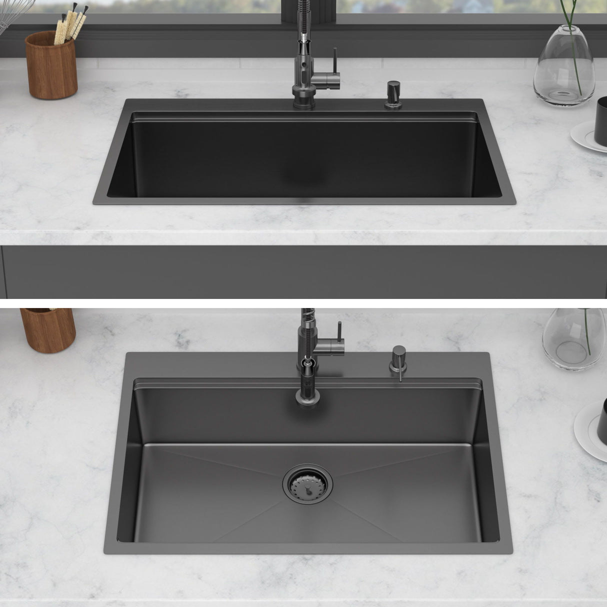 Drop In Kitchen Sink With Pull Out Faucet And Soap Dispenser, Single Bowl Topmount Sink - Gunmetal Black