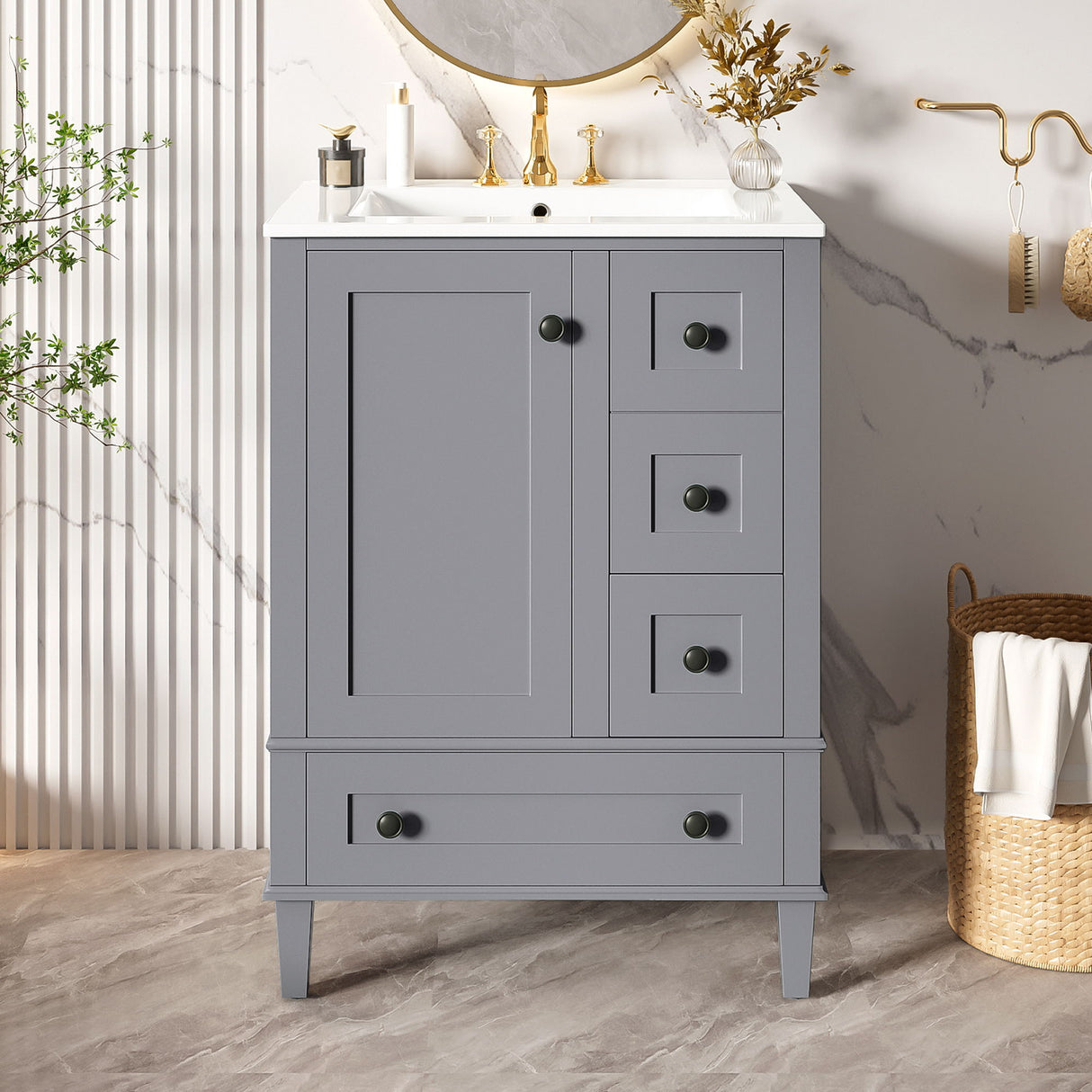 Bathroom Vanity With Integrated Basin, Soft Close Drawers, Door Mounted Double Layer Shelf