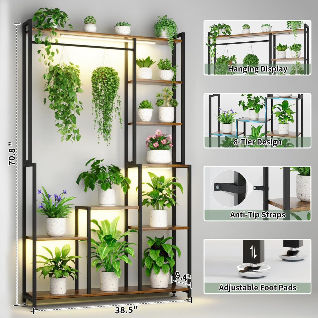 Large Plant Stand Indoor With Grow Light, Tall Plant Shelf, 8 Tiered Heavy Duty Metal Plant Stand, Square Flower Stand Display Rack For Living Room - Walnut / Black