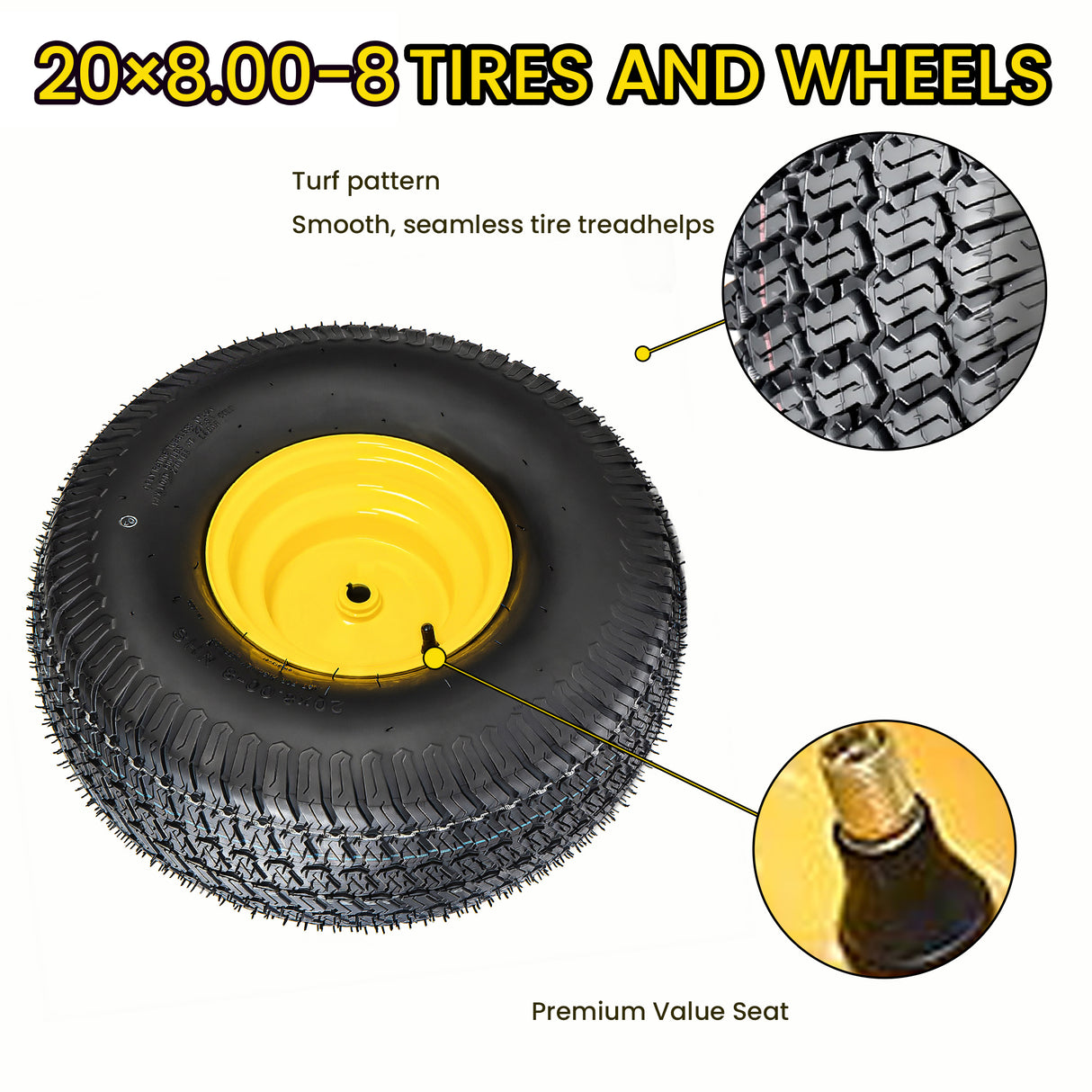 Set of 2 20x8.00-8 Lawn Mower Tires and Wheel Assembly