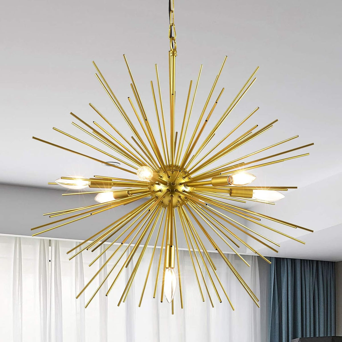 Gold Sputnik Chandelier, 7-Light Mid-Century Modern Starburst, 25.6 Inch