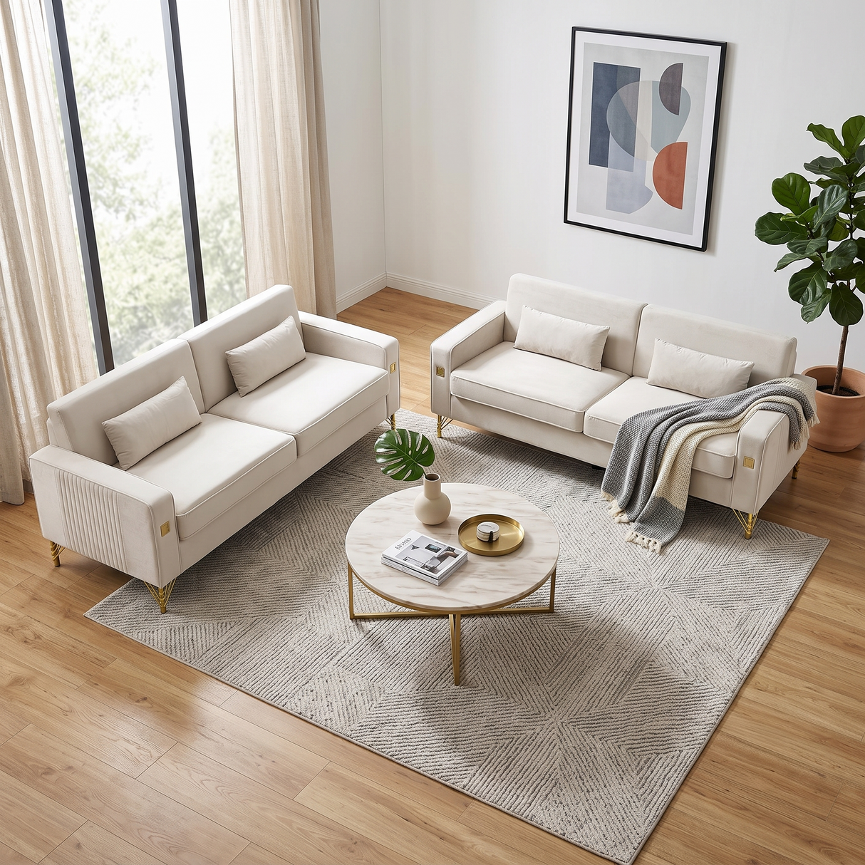 Ivory White 2-Piece Velvet Sofa Set