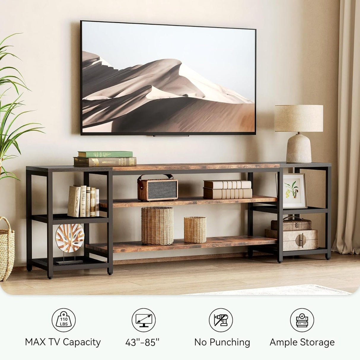 TV Stand For TVs, Extra Long With 3 Tier Ventilated Shelves - Rustic Brown