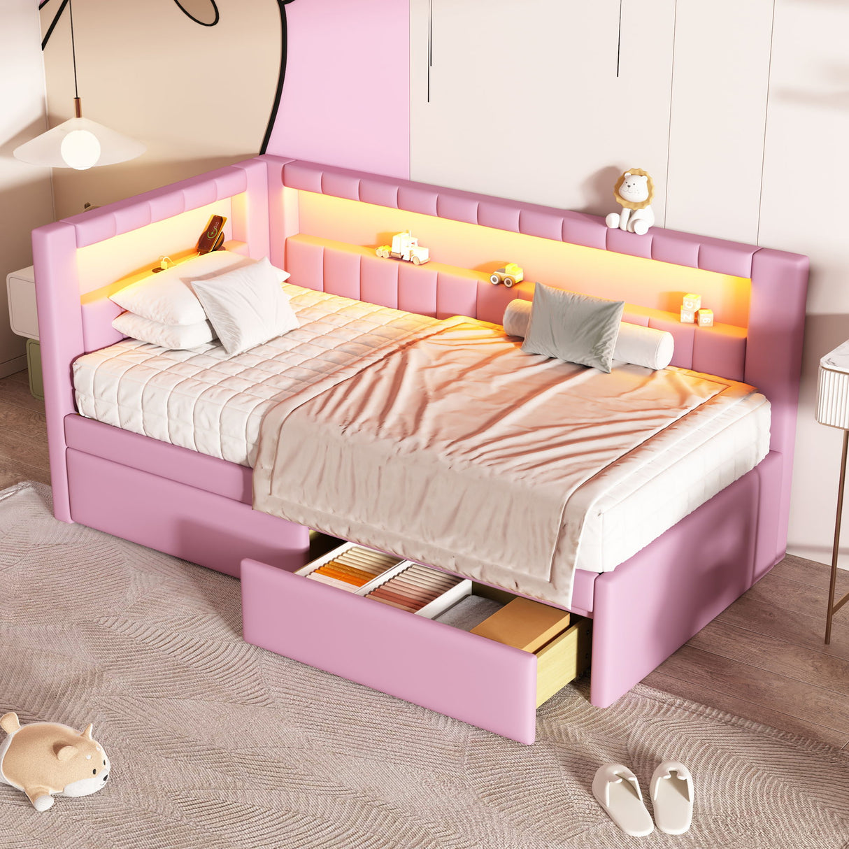 Upholstered Platform Bed With USB Ports And LED Belt