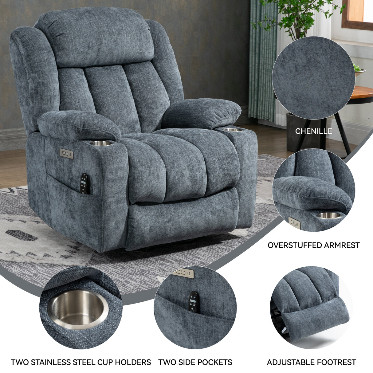 Chenille Power Lift Recliner Chair with Massage & Heating