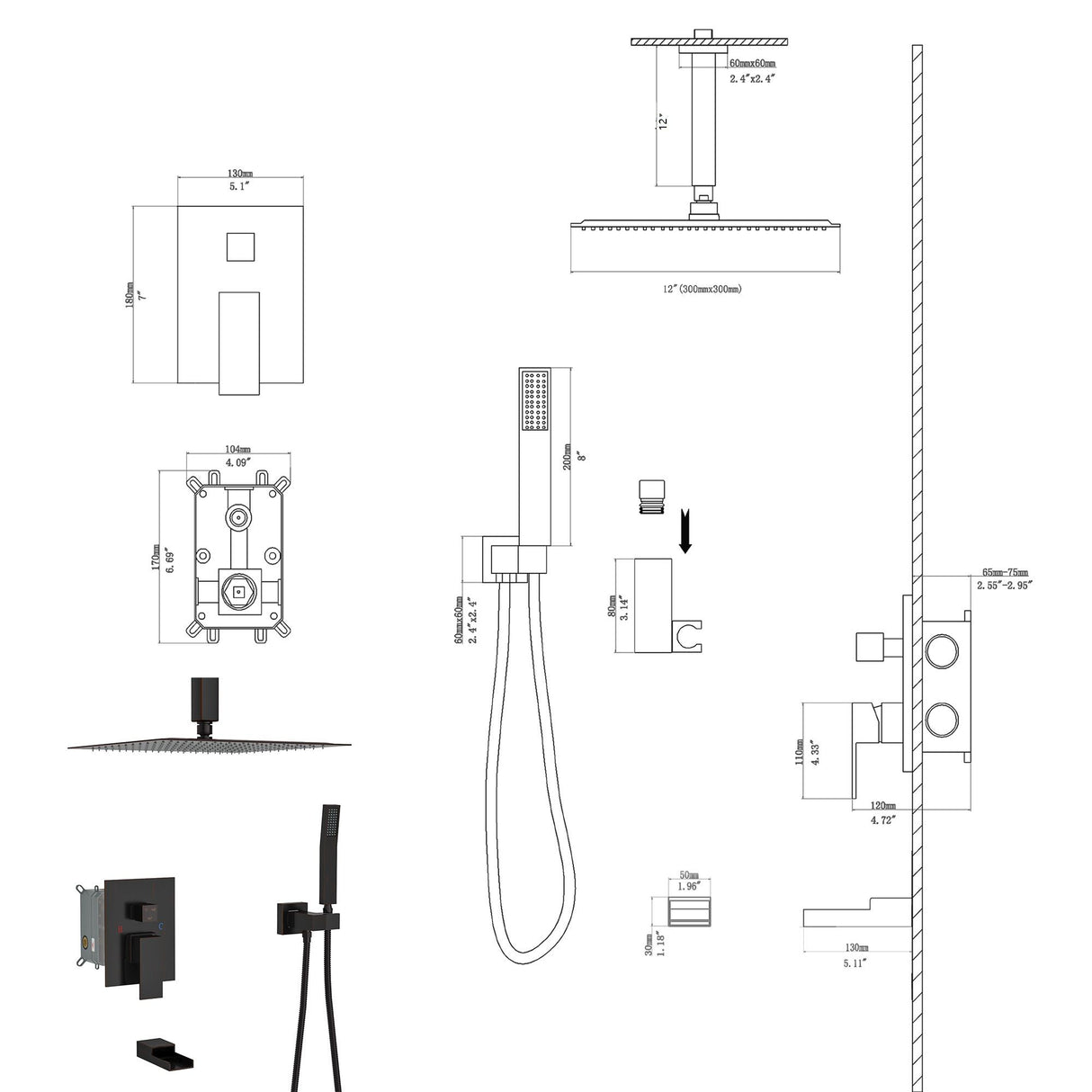 Modern Shower System With Waterfall Tub Spout, 12" Ceiling Mount Square Shower