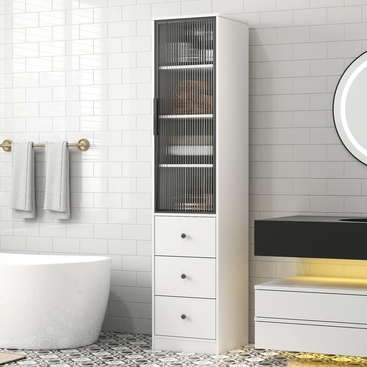 70.87" Tall Bathroom Storage Cabinet with Glass Door and Drawers