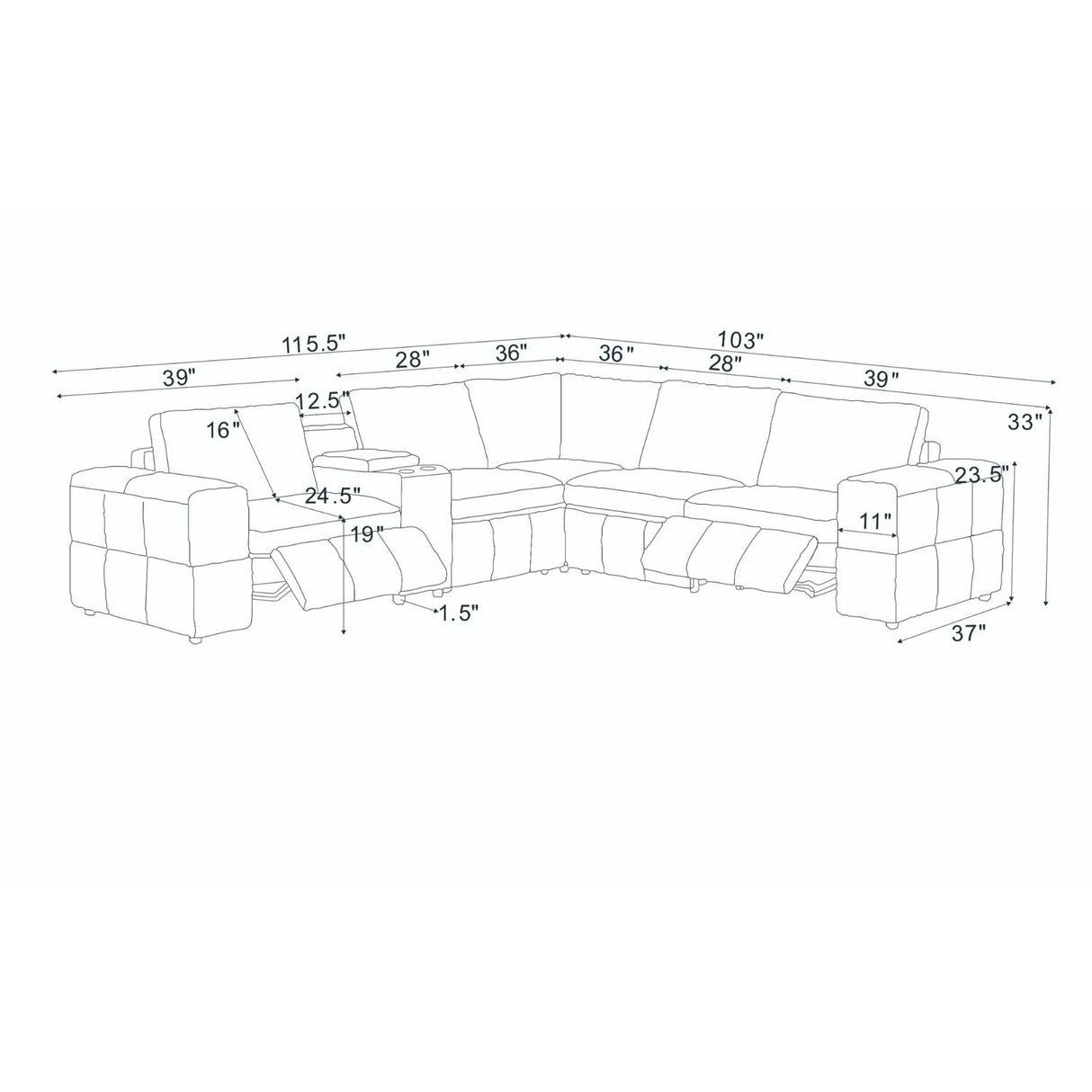 Upholstered Large Arms Sectional With Recliner Seats