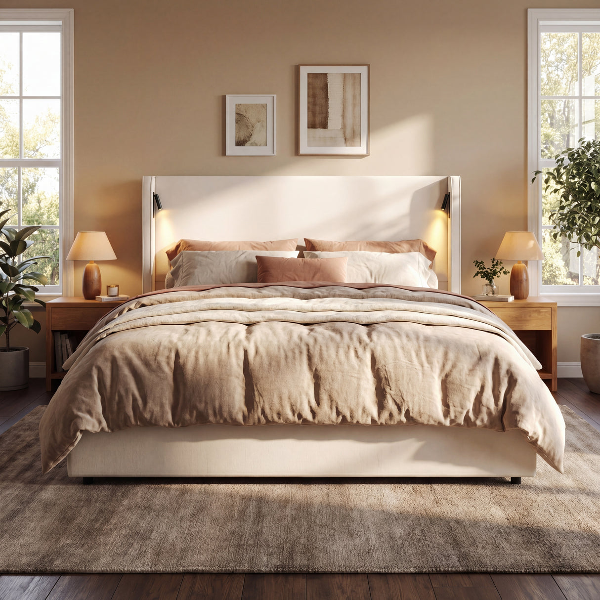 California King Size Upholstered Bed Frame with High Wingback Headboard, Reading Lamp and USB Port