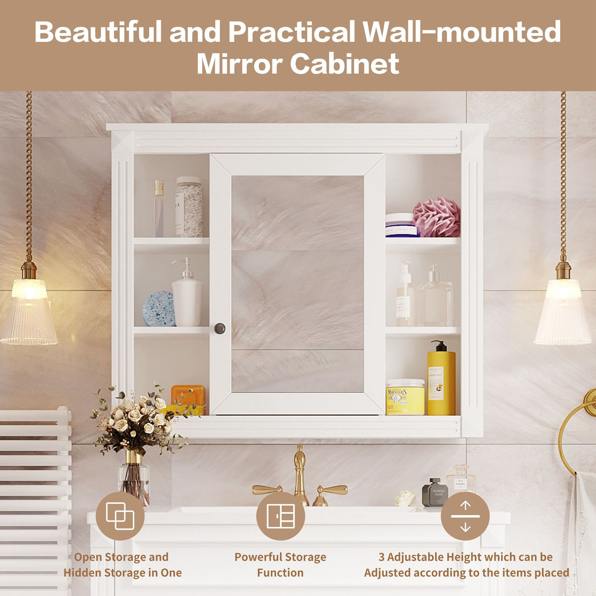 Wall Mounted Bathroom Storage Cabinet With Mirror, Cabinet With 6 Open Shelves And Adjustable Interior