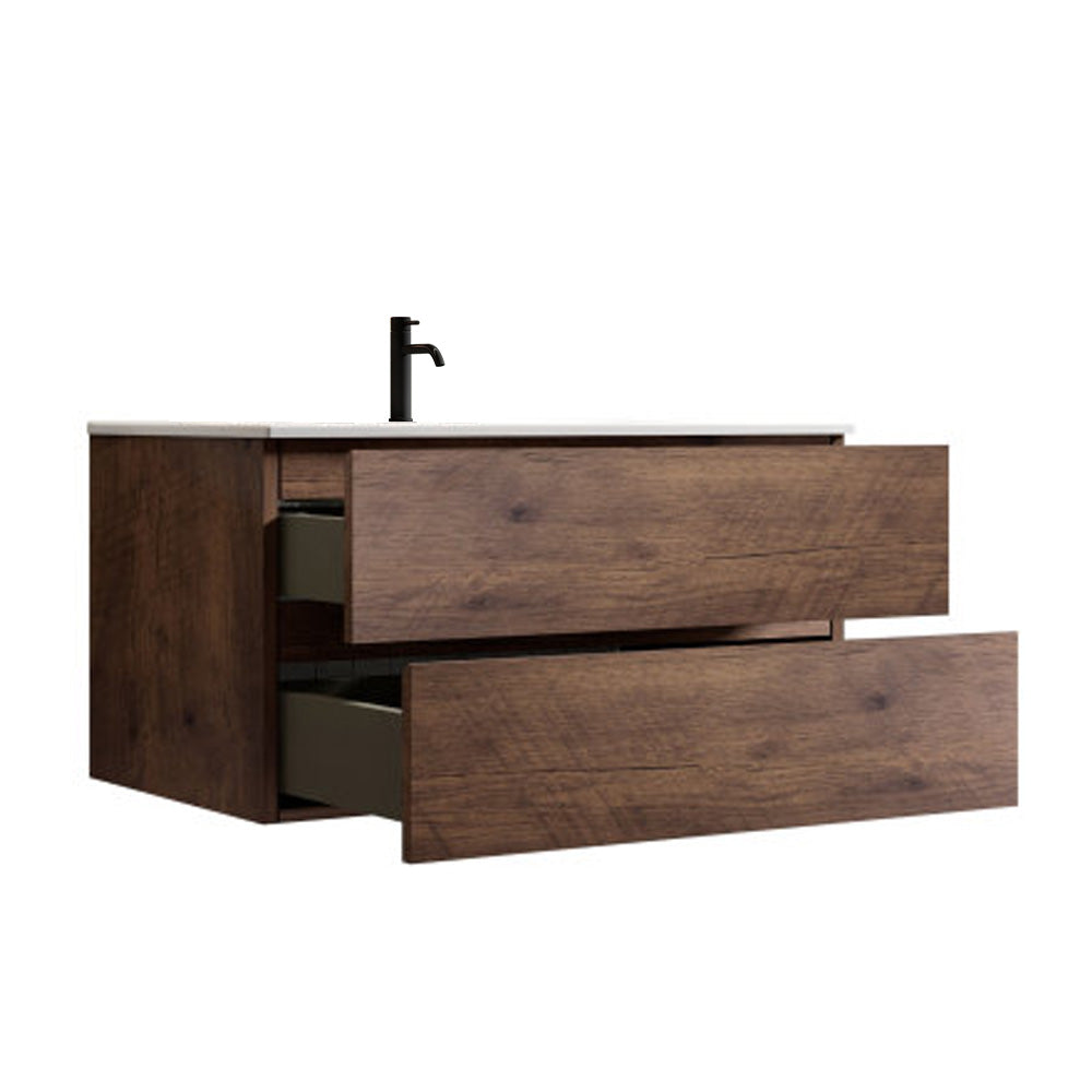 TIA 36-Inch Wall Mounted Bathroom Vanity, Walnut with Ceramic Sink