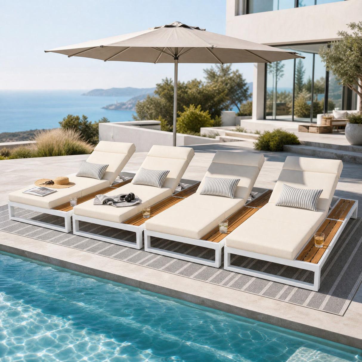White Iron & Teak Finish Chaise Lounge Set: 1 Frame + 1 4-Fold