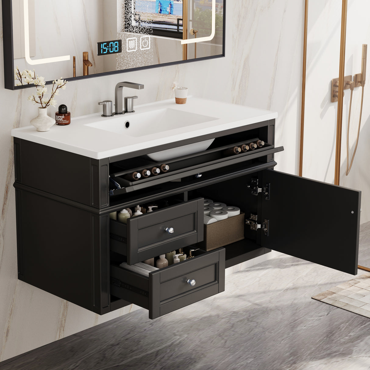 36" Wall Mounted Bathroom Vanity with Ceramic Sink and Storage