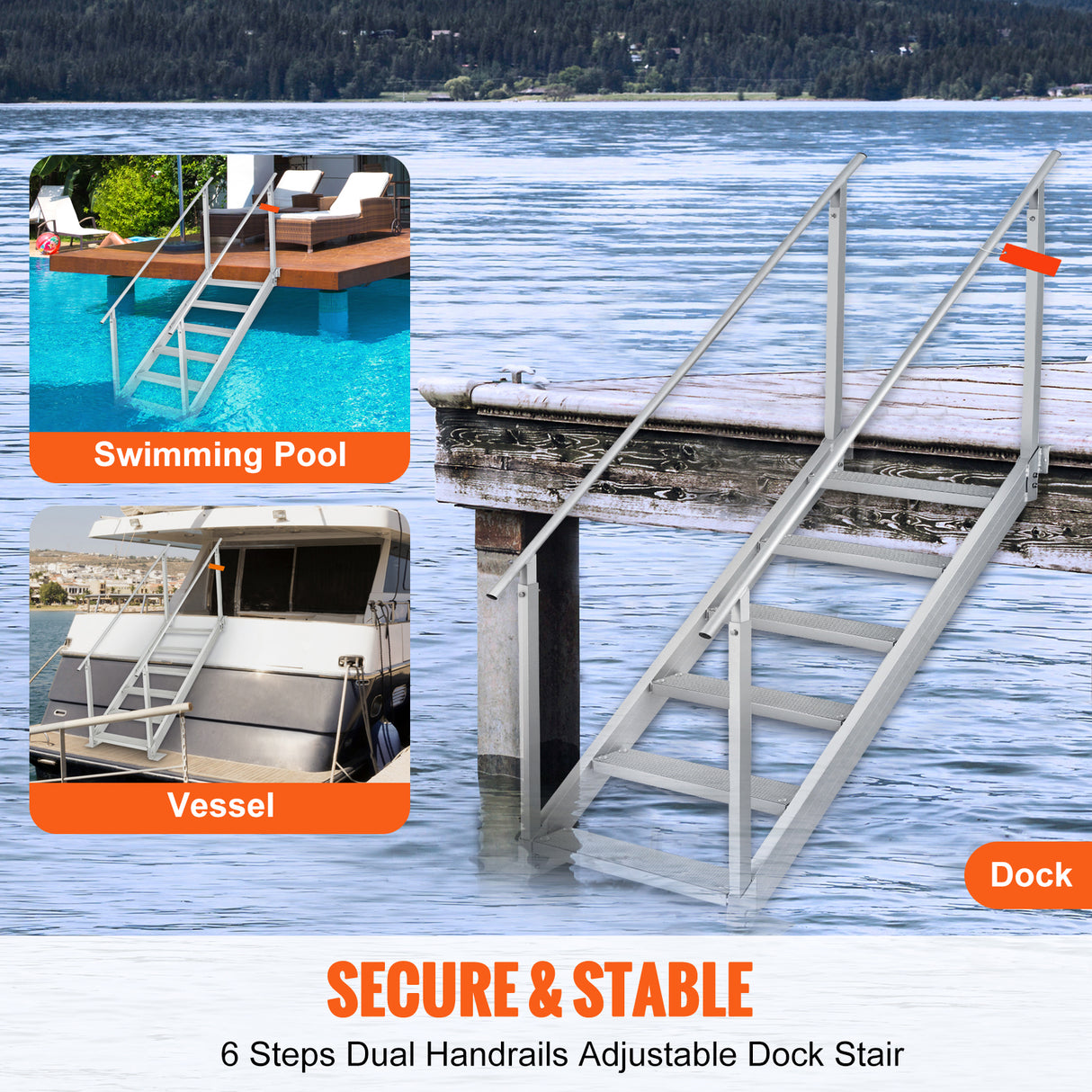 Dock Ladder, 43''-51'' Adjustable Height, 6 Steps with Dual Handrails