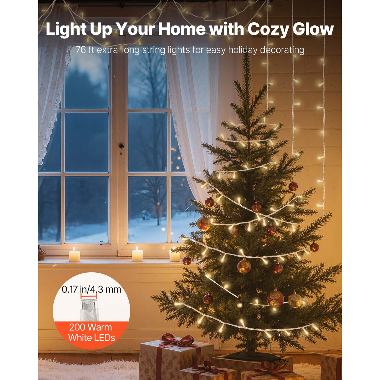 LED Christmas String Lights, 200 LED, 76 Ft Connectable Warm