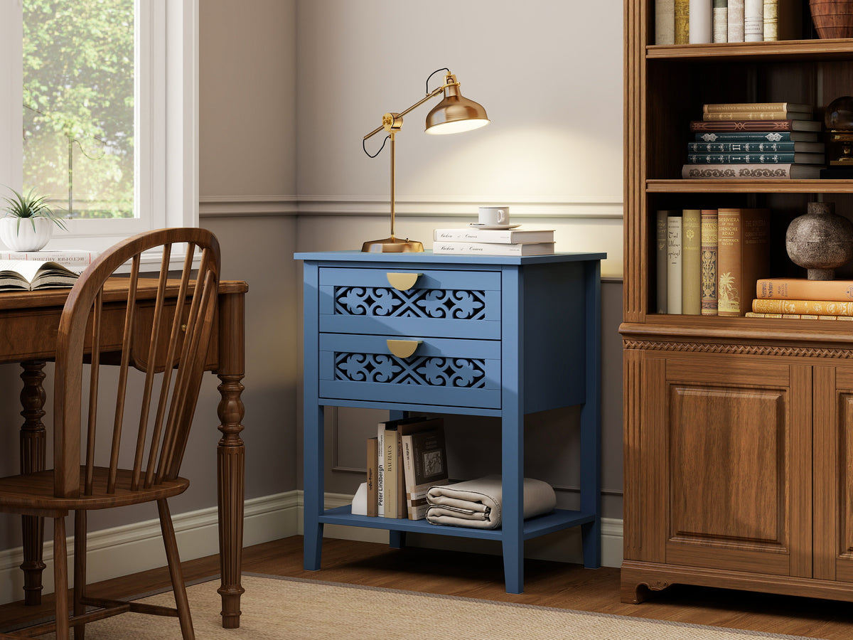 Dusty Blue 2-Drawer Nightstand with Carved Lattice Fronts, Gold Pulls