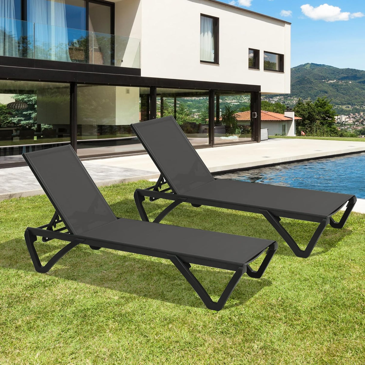 Pool Lounge Chairs Set of 2 with Aluminum Frame and Adjustable Recline