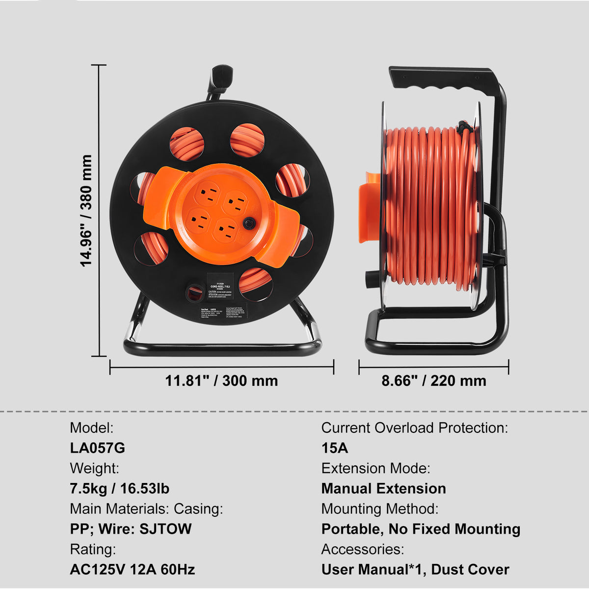 100FT Extension Cord Reel with 4 Outlets and Dust Cover
