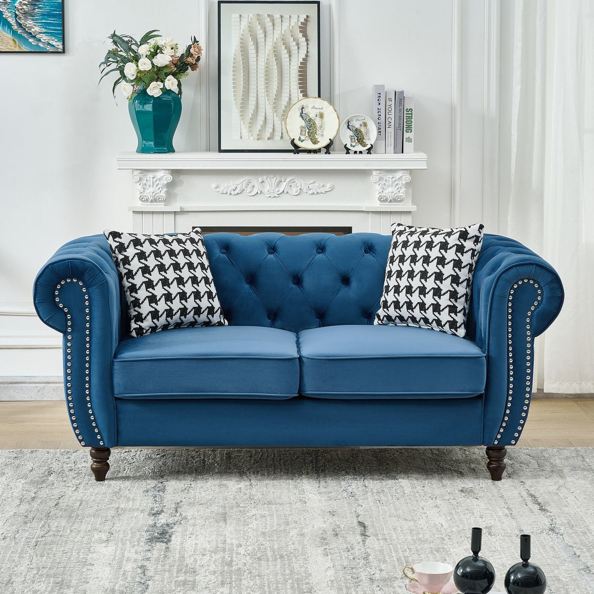 Chesterfield Fabric Sofa With Roll Armrest And Nailhead, Mid Century 2 Seater Couch In