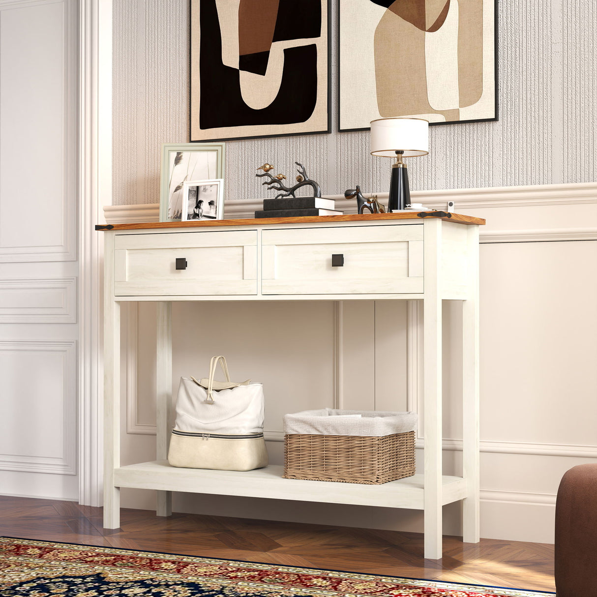 Farmhouse Style Console Table With 2 Drawers And Bottom Storage Shelf