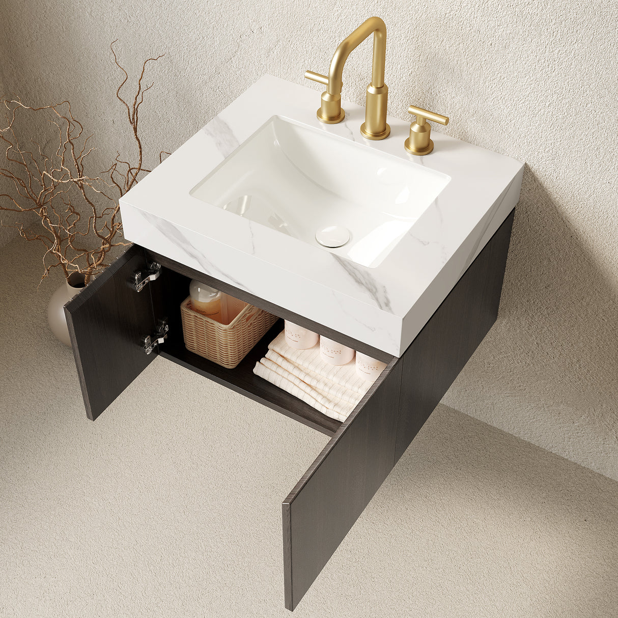 MURI 24" Bathroom Vanity & Sink, Floating Plywood Storage Cabinet with 2 Doors, Carrara