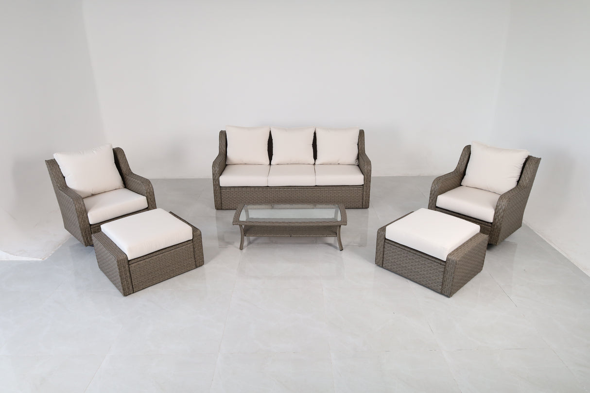 Luxury Rattan Patio Conversation Set – Includes 2 Swivel Chairs, Sofa, Coffee Table, And 2 Ottomans With Premium