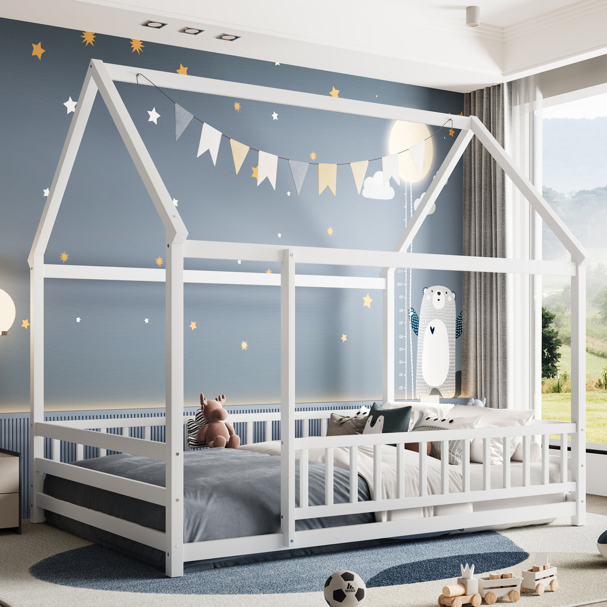 Full Size Floor Wooden Bed with House Roof Frame