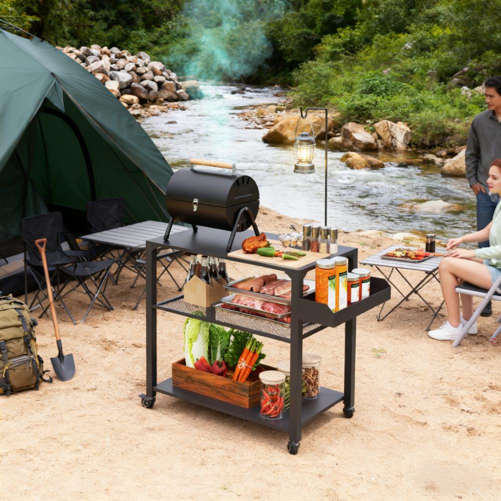 Movable Oven Table on Wheels - 3-Tier Outdoor Grill Cart